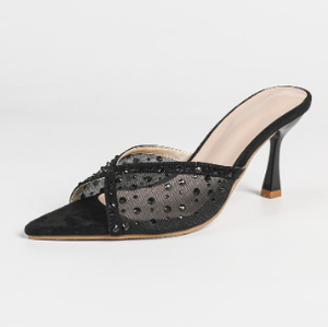 808 New Mesh <b>slippers</b> for Summer Wear, Rhinestone Bow High Heels, Slim Heels, Fashionable and Sexy Versatile Women's Shoes - Product Image 5