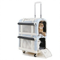 Sac de transport à roulettes pour animaux de compagnie avec poignée télescopique, sac de voyage 2 niveaux pour chat et chien avec rideau et ventilation en maille, portable, bleu