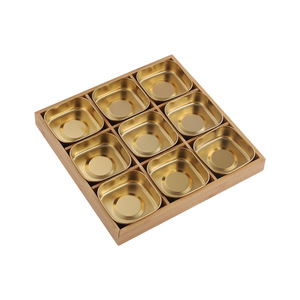 Assiette de cuisine carrée en acier inoxydable à 6 grilles, or et argent Boîte d'assaisonnement pour marmites chaudes Assiette à grille en bois Assiette à sel - Product Image 2