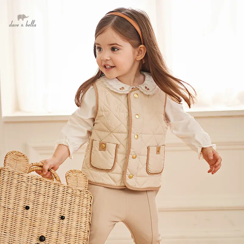 DB3237292 DAVE BELLA Autumn Children Girls Fashion Apricot Bonded Round Neck Vest Casual Pocket Decoration Tank Top