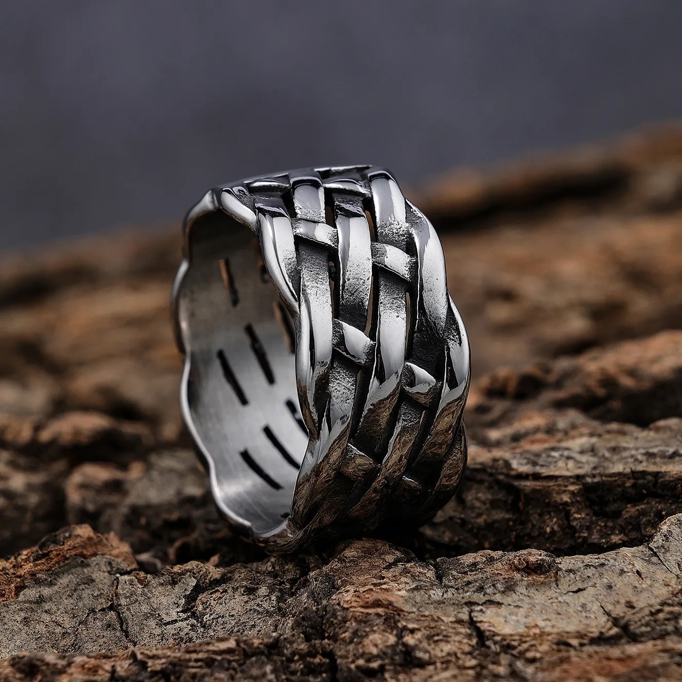 Men's 12mm Retro Vintage silver Biker Stainless Steel Braided twisted effect design wide finger band rings Jewelry Wholesale