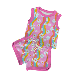 Set di <span class=keywords><strong>Abbigliamento</strong></span> Estivo Personalizzato per Bambine, Due Pezzi Senza Maniche, Canotta e Pantaloncini con Stampa Floreale e Sorriso - Product Image 4
