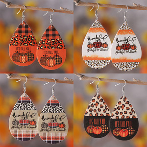 Pendientes de cuero sintético Acción de Gracias leopardo a cuadros lunares calabaza gota cuero colgante pendientes para mujer Uionen 871 - Product Image 1
