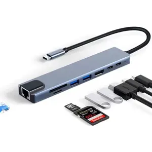 USB Tipe C Hub Multiport 8 dalam 1, pembaca kartu TF SD 8 dalam 1 USB Tipe C Hub dengan 4K HDTV USB 3.0 SD 8-In-1