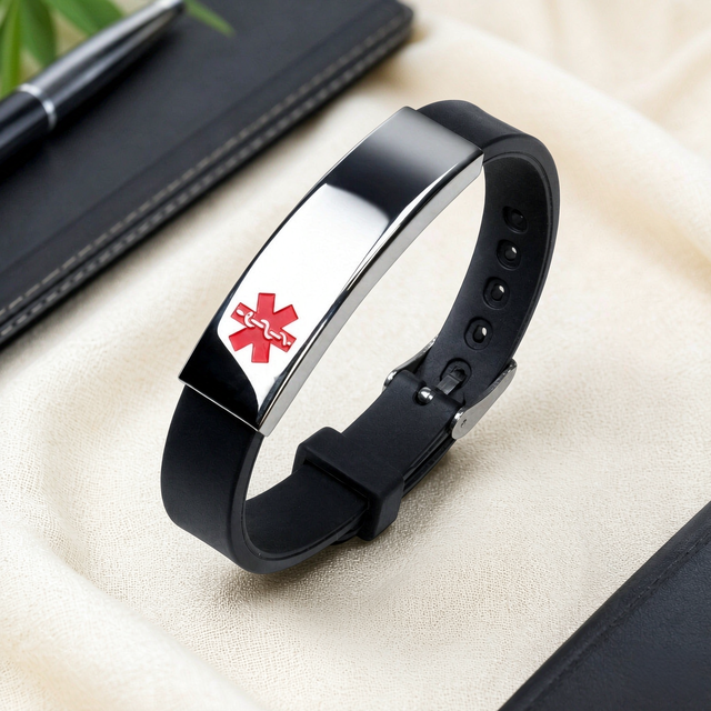 Custom Engravable Medical Alert ID Silicone Watch Band Wristband Star of Life Engraved Medical Warning Stainless Steel Bracelet