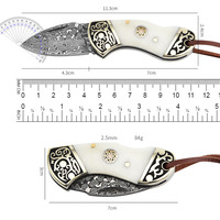Couteau pliant en acier Damas avec manche en os de vache, portable, pour cuisine, extérieur, utilitaire, couteau de poche à fruits, en stock chez les fabricants