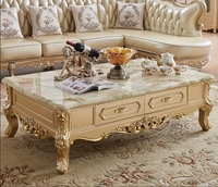 Table basse rectangulaire européenne en marbre, table de salon en bois massif sculpté couleur or champagne, table à thé pour maison et villa