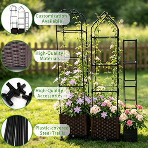 16*16*72 Inches Easy Assembly Self-Watering Elevated Garden Raised Bed <b>Plastic</b> Rattan <b>Planter</b> Box with PE-Coated Metal Trellis - Product Image 4
