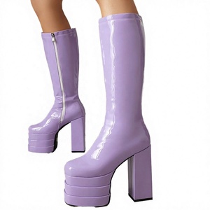 Bottes d'hiver western montantes pour femme, grande taille 46, coupe large, triple épaisseur, à lacets, talons épais, en cuir verni, fantaisie, longues - Product Image 2