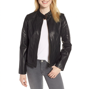 Chaqueta de piel de oveja acolchada elegante para mujer, chaqueta de cuero genuino negra con cuello alto y cremallera completa para mujer - Product Image 2