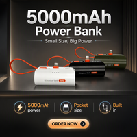 Batterie externe compacte 5000 mAh à double prise intégrée avec cordon, chargeur de poche portable, idéale pour les voyages – Meilleure vente