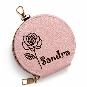 Personalized Leather Fashion Coin Purse Custom Engraved Name Flower Design Small Zippered <b>Wallet</b> <b>Keychain</b> Daily Use - Product Image 3