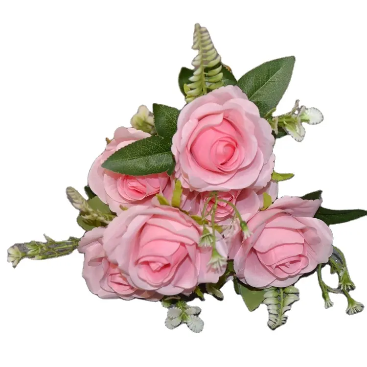 6 heads silk artificial Rose bouquet with holly leaves for wedding bridal bouquet, table flower and flower arrangement