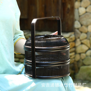 Handmade Bamboo Woven <b>Storage</b> <b>Basket</b> Round Lidded Tea Set Holder Household Organizer Japanese Style Fruit Container - Product Image 1