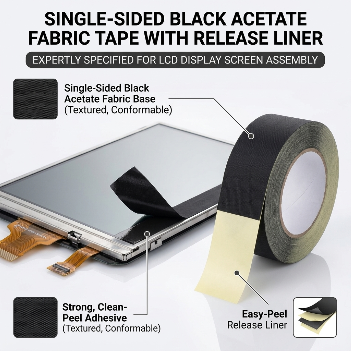 Single-Sided Black Self-Adhesive Acetate Fabric Tape With Release Liner For LCD Display Screen Assembly