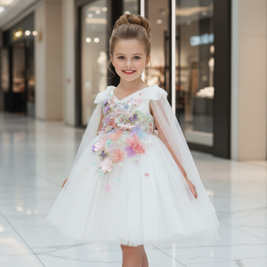 Abiti da Principessa per Bambine con Ricamo Floreale Bianco, Vestiti da Cerimonia per Feste di <span class=keywords><strong>Compleanno</strong></span> e Matrimoni - Product Image 2