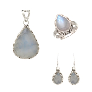 925 Sterling Silver <b>Rainbow</b> Moonstone Jewelry Set Water <b>Drop</b> Pendant Earrings Ring Bezel Setting Women's Classic Everyday Wear - Product Image 1