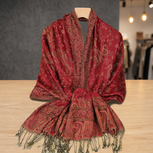 2025 Hot Selling Ethnic Adult Ladies Large Tassel Jacquard Paisley Faux <b>Pashmina</b> Viscose Polyester Winter Scarf for Women - Product Image 3
