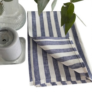 Serviette de cuisine en coton et lin rayée, rectangulaire, tissée, bleu et blanc, lavable en machine - Product Image 1