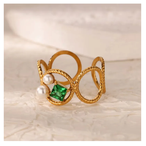 Personalized Hollow <b>Stainless</b> <b>Steel</b> <b>Ring</b> with Irregular Opening Adjustable Gold Plated <b>Ring</b> With Beautiful Green Colored Stone - Product Image 3