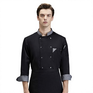 Veste de chef à manches courtes pour homme, en coton blanc tissé, fermeture boutonnée, uniforme de restaurant et de bar, tablier à carreaux inclus - Product Image 6