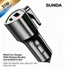 Cargador <span class=keywords><strong>de</strong></span> Coche SUNDA 51W <span class=keywords><strong>de</strong></span> Aleación <span class=keywords><strong>de</strong></span> Aluminio, PD 3.0, QC 18W, SCP, Doble Puerto, Carga Rápida, Rompeventanas, <span class=keywords><strong>Cortador</strong></span> <span class=keywords><strong>de</strong></span> Cinturón <span class=keywords><strong>de</strong></span> Seguridad, Universal - Product Image 1