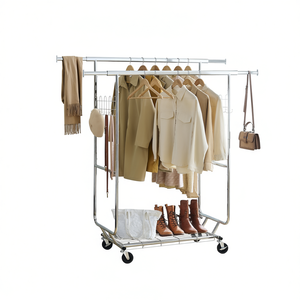 Porte-vêtements robuste en acier inoxydable, double étagère, roulettes, pliable, autoportant, pour usage commercial, style minimaliste - Product Image 1