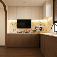 Collection sur mesure ENF Grade : Meubles de cuisine bicolores crème et bois avec hotte intégrée pour projets de penthouse urbains