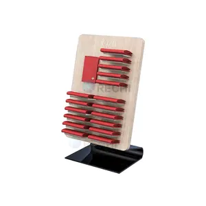 RECHI Custom L Shape Counter Carteras de madera Retail POS Display Stand para monederos Display Rack con base de metal