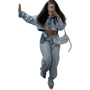 Casual Long Sleeve Turn-down Collar <b>Colour</b> Block Denim Trousers Two Piece <b>Set</b> for Women Fashion - Product Image 2