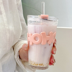 Hot Sale 450ml Glas becher mit Stroh Kaffeetasse Brief hülle Glas Wasser Milch Saft Tee Kaffeetassen - Product Image 3