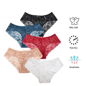 Culottes mi-hautes en dentelle pour femme, taille tricotée, sous-vêtements élégants sans couture, noir, blanc, rouge, en nylon et élasthanne beige - Product Image 2