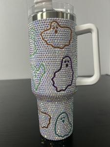 40オンスステンレス鋼真空フラスコゴーストスカルグリッターラインストーンタンブラーハロウィーンクモカボチャカップストロー付き - Product Image 5