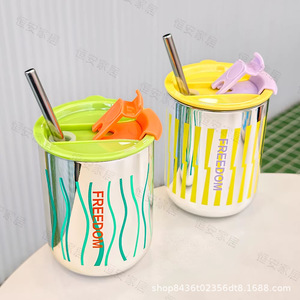 Electroplated Glass Cup With Straw Pink Blue Green Yellow Color Home Office Portable Drinkware Single Cup Cover Included - Product Image 2