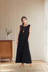 Robe longue en lin uni personnalisée pour femme, manches courtes, col en V, coupe trapèze, respirante, grande taille, décontractée, été, fournisseur B2B en gros - Product Image 5