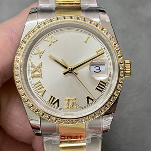 นาฬิกากลไกอัตโนมัติทูโทนสำหรับผู้ชายสุดหรูมาร์กเกอร์แบบโมอิสซานไนต์ตัวเรือนเพชรสายเหล็ก904L หน้าต่างวันที่ - Product Image 1