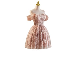 Pink Off The Shoulder Evening Gown Empire Waist 3D Floral Lace Vintage Style For Banquet Party Dress - Product Image 5