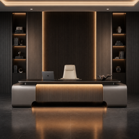Ensemble de bureau de direction en forme de L de luxe moderne en bois d'ébène avec plateau de travail en cuir, éclairage LED, armoire latérale, certifié CE, OEM personnalisé