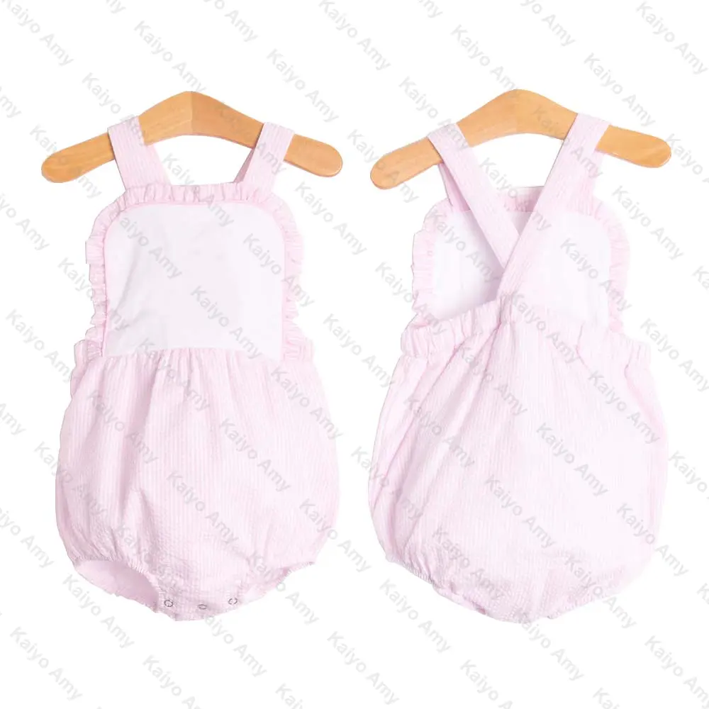 newborn summer seersucker pink stripe baby sets rompers little girls bubble ruffle bib collar sunsuit