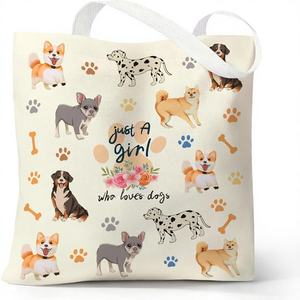 Bolsa de Mano de Lona con Estampado de Perro, Linda y Estética, para Mujer, Reutilizable, Plegable, de Algodón, con Bolsillo con Cremallera, Estilo Informal - Product Image 1