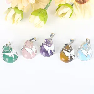 Großhandel Natur-Edelstein Tränentropfenform Rose-Quartz-Wassertropfen-Hanhänger mit Schmetterlings-Halsband als Geschenk