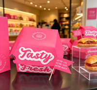 Caja para Hamburguesas Desechable de Papel Rosa Tipo Concha para Comida Rápida, Envase para Comida para Llevar de Restaurantes