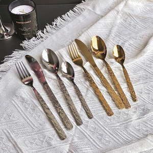 Ensemble de couverts en acier inoxydable à motif rocheux, couteau à steak, fourchette, cuillère à dessert, cuillère à thé, pour hôtel, restaurant occidental - Product Image 1
