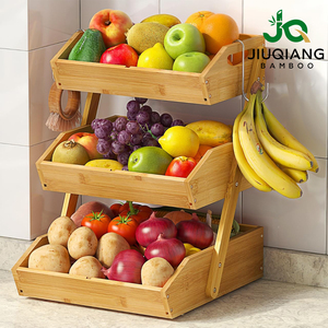 Organiseur à plusieurs niveaux en bambou robuste JQ, panier à <span class=keywords><strong>fruits</strong></span> en bambou à 3 niveaux avec 2 supports pour bananes, pour le pain, les collations, les légumes - Product Image 1