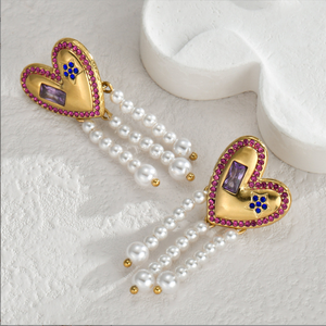 Nuovi <span class=keywords><strong>Orecchini</strong></span> Pendenti Lunghi alla Moda con Perle, Gioielli da Ragazza in <span class=keywords><strong>Acciaio</strong></span> Inossidabile con Stella di Diamanti e Nappa a Forma di Cuore - Product Image 4