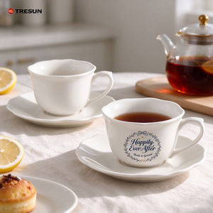 Ensemble tasse à café et soucoupe en céramique blanche à décor festonné, tasse à thé en porcelaine avec assiette en forme de fleur pour restaurant, café, hôtel - Product Image 1