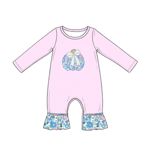 Combinaison bébé fille personnalisée en coton (95% coton, 5% élasthanne) avec imprimé floral et nœuds citrouille d'automne, vente en gros, vêtements pour nouveau-nés et sœurs - Product Image 2