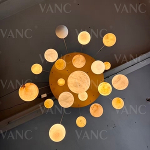Lustre en <span class=keywords><strong>laiton</strong></span> personnalisé à hauteur réglable en albâtre pour villa, escalier, plafond haut, lampe suspendue - Product Image 5
