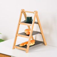 Plateau de service pliable moderne à 3 niveaux en bambou et ardoise, couleur naturelle, 41x25x49.5CM, support à cupcakes à étages, plateau rectangulaire pour fêtes