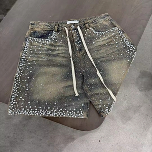 <span class=keywords><strong>Pantalones</strong></span> <span class=keywords><strong>Cortos</strong></span> de Mezclilla para <span class=keywords><strong>Hombre</strong></span>, Estilo Vintage, Lavados, con Logotipo Personalizado, Adornados con Diamantes de Imitación y Perlas, de la Marca Break Garment Denim Manufacturer - Product Image 3